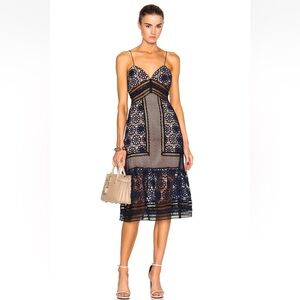 Self Portrait Lace Navy & Black Midi Dress (size 2)